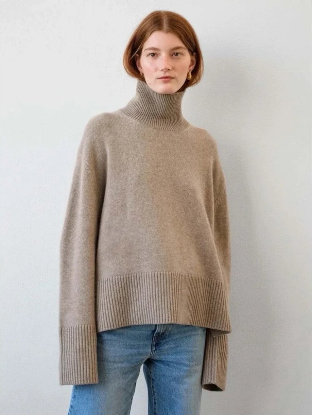 White + Warren Fawn Heather Cashmere Blend Rib‎ Trim Stand Collar Size L